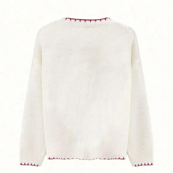 White Casual Women's Butterfly Knit Jacquard Long Sleeve Pullover Sweater - Picture 6 of 6